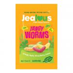 A group of ten 40g impulse bags sits arranged, each clear-front packet showing bright, sugar-dusted gummy worms in neon reds, greens and yellows. A bold Jealous Tangy Worms logo and playful graphics crown each bag against a contrasting backdrop. Light catches glossy sugar crystals and clear plastic.