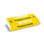 The image shows twelve slim 15g Peppersmith Lemon Mints packs arranged in a neat grid. Each white and lemon-yellow pack displays the Peppersmith logo, 100% xylitol text and a bright lemon illustration, with clean typography and simple, modern packaging details Soft shadows and a subtle matte finish