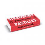 A glossy photograph shows a neat row of twelve slim white packs with pink accents and the Peppersmith logo. Each pack features a bright strawberry illustration and small pastel‑pink pastilles scattered nearby, set against a clean white background with soft shadows. Subtle gloss and soft reflections.