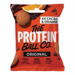 A glossy stand-up pouch bears The Protein Ball Co logo in bold white type against warm brown and vibrant orange panels. Photorealistic imagery shows round cacao-and-orange balls, scattered cocoa nibs and orange zest. A clear window reveals ten individually wrapped 45g portions. Soft studio sheen.