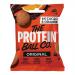 A glossy stand-up pouch bears The Protein Ball Co logo in bold white type against warm brown and vibrant orange panels. Photorealistic imagery shows round cacao-and-orange balls, scattered cocoa nibs and orange zest. A clear window reveals ten individually wrapped 45g portions. Soft studio sheen.