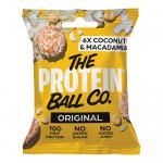 A matte pouch displays The Protein Ball Co logo on a turquoise band. The front shows three coconut-dusted golden-brown balls beside halved macadamias and scattered shredded coconut. Clean white background and simple sans-serif typography create a fresh, tropical presentation. Soft shadows add depth.