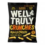 Bright rectangular pack displays the Well&Truly logo across the top in bold green lettering. A photograph shows golden cheese sticks clustered beside a small wedge of cheese. White background with green accent banners, product name and weight (100g) printed clearly on the front. Small icons along base.