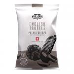A display of twelve matte bags sits on a plain surface. Each packet shows the Made For Drink logo and English Truffle label alongside heritage-style graphics: delicate truffle illustrations, muted cream and olive palette, subtle texture effects, clear weight marking and a stylized crisps image. front.