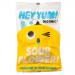 The image shows ten bright HEY YUM! Sour Flower Organic Sweets 100g packs fanned out. Each pack features a colorful flower-shaped gummy illustration, a clear window revealing sugar-coated translucent candies, bold brand typography and an organic label against a clean white backdrop.