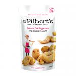 A sealed bag of Mr Filberts Peruvian Pink Peppercorn Cashews & Peanuts sits on a neutral surface. The front label features the brand name and a clear window revealing roasted cashews and peanuts speckled with pink peppercorn fragments; some nuts spill nearby. Soft studio light highlights pink flecks