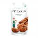 Photo shows a clear-front pouch labeled Mr Filbert’s French Rosemary Almonds, 100g, with brown kraft backing and green accents. Roasted almonds coated in herb flecks are visible through the window. A simple label displays brand logo, product name and natural imagery. Subtle rosemary sprig art accent