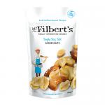 A 100g Mr Filberts Simply Sea Salt Mixed Nuts pouch sits front and center among a neat stack of Mr Filberts Fruit, Nuts & Seeds packets. Bright branded wrappers display nut illustrations and logos; a clear window reveals assorted salted nuts; white background and soft lighting.