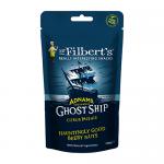 A glossy pouch shows a nautical-themed label with a stylized ghost ship illustration veiled in mist, amber-brown roasted peanuts pictured spilling across a dark timber background. Bold vintage typography and muted navy, cream, and copper tones give a rustic, coastal look with subtle grain textures.