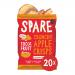 A neatly arranged set of twenty slim 22g packets shows Spare Snacks branding on white-green minimalist bags. Transparent windows reveal pale golden, air-dried apple slices. Labels display product name and small fruit-and-nuts icon; the group sits against a plain neutral backdrop. Soft shadows, even.