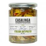 The jar displays a colorful antipasto submerged in golden oil, layering roasted red peppers, green olives, artichoke hearts, and sun-dried tomatoes. Labels show rustic Italian branding while light catches the glass, highlighting textures and vibrant Mediterranean hues. with flecks of herb and garlic