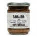 A clear glass jar reveals dark, chunky olive tapenade. The jar features a green-and-white label with the CASALINGA brand name in bold, product text and small icons. A silver screw lid seals the jar; flecks of herbs and oil glisten in the spread.