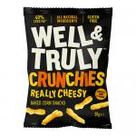 A compact rectangular box and ten individual bright yellow-orange packets of Well&Truly Crunchy Cheese Sticks sit side by side. Bold Well&Truly logo tops each pack, with stylized cheese graphics, crunchy stick images and small nutritional text lining the lower edge of the packaging. Glossy finish!!!