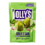 Glass jar displays glossy green olives studded with red chilli flakes and whole rosemary sprigs. A colorful label shows a cheeky bandit illustration and clear brand text. Metal lid catches light; oil coats the fruit and creates shiny highlights against a simple background. Soft shadows frame the jar