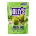 Glass jar displays glossy green olives studded with red chilli flakes and whole rosemary sprigs. A colorful label shows a cheeky bandit illustration and clear brand text. Metal lid catches light; oil coats the fruit and creates shiny highlights against a simple background. Soft shadows frame the jar