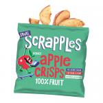 A small, kid-friendly packet stands upright with pale green and yellow panels. The Spare Snacks logo sits near the top. A sliced apple illustration fills the center. A clear window shows thin apple crisps. Small text indicates 'Plain' and the 12g weight. A subtle matte finish and rounded corners add
