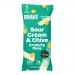A bright multipack of twelve compact snack bags sits against a neutral backdrop. Each 35g packet displays the Brave logo, green and cream color blocks, and vivid illustrations of peas, sour cream dollop and chive sprigs. Scattered roasted peas and crisp typography finish the front art. Bold serving image.