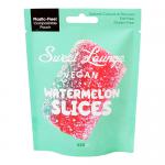 Bright pink pouches with green trim display Sweet Lounge branding and a watermelon illustration. Each 65g bag shows 'vegan' and 'fizzy' badges beside sparkling candy pieces. Ten identical packets arrange in a neat grid against a white background, casting soft shadows. Glossy finish, zip at top, seam.