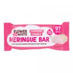 Twelve meringue bars sit in a neat box: pale ivory meringue with crisp peaks, pink raspberry crumble scattered across each, delicate edible flower petals, a dusting of powdered sugar and glossy white chocolate drizzle, textured crumb contrasting with smooth, airy meringue. Subtle lemon flecks glint.