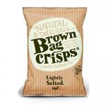 The image shows twenty 40g Brown Bag Crisps Lightly Salted packets stacked in a cardboard tray. Each small brown paper-style bag displays a simple logo, golden crisps illustration and 'Lightly Salted' label, with a clean, rustic store-shelf presentation.