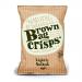 The image shows twenty 40g Brown Bag Crisps Lightly Salted packets stacked in a cardboard tray. Each small brown paper-style bag displays a simple logo, golden crisps illustration and 'Lightly Salted' label, with a clean, rustic store-shelf presentation.