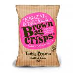 A small 40g brown paper-style bag displays a bold Brown Bag logo above vivid illustrations of tiger prawns, red chillies and lime wedges. Bright green and red accents contrast with earthy kraft texture, while crisp-shaped graphics suggest thin, ridged chips inside the sealed pack. With glossy sheen.