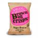 A small 40g brown paper-style bag displays a bold Brown Bag logo above vivid illustrations of tiger prawns, red chillies and lime wedges. Bright green and red accents contrast with earthy kraft texture, while crisp-shaped graphics suggest thin, ridged chips inside the sealed pack. With glossy sheen.