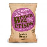 Ten Brown Bag Crisps smoked bacon 150g packets sit in a neat pile against a plain background. Each brown paper-style bag displays a rustic logo, smoky bacon graphics and crisp illustrations. Bold typography lists the flavor and weight while warm red and brown tones accent the packaging. Under light.