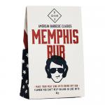 Six 60g containers of Bohn's Memphis Rub sit neatly in two rows. Each clear jar reveals a coarse reddish-orange spice, with a white label bearing the Bohn's Memphis Rub name in bold type and a black screw cap. Light creates subtle reflections and soft shadows.