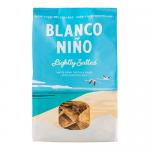 Photo shows eight identical 170g bags of Blanco Niño Lightly Salted Tortilla Chips arranged in two neat rows. Each glossy pack faces forward, displaying the brand name and an image of golden triangular tortilla chips with visible salt crystals; a few chips lie scattered in front.