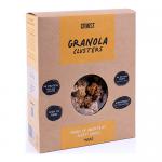 Image shows a 12-pack of CRWST Granola Clusters, each 400 g, in matching bags with the CRWST logo. Earth-toned packaging displays photos of oat clusters, nuts and seeds with a clear window, ingredient text and icons, all neatly arranged in a cardboard tray.