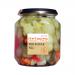 Photo shows six 550g glass jars of Drivers The Pickle Mix with vibrant orange-brown chutney visible through clear glass. Metal lids reflect light. Uniform labels feature bold Drivers branding, ingredient illustrations and text. Jars sit on a neutral surface in soft studio lighting. Soft shadows lie.