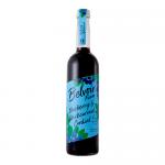 Six clear glass bottles of deep purple cordial sit together in a neat pack, each bearing a white label with watercolor blueberries and blackcurrants, the Belvoir script logo, pale metal caps and soft light reflecting on the glass against a neutral background.