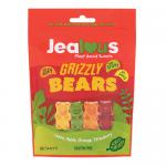 Ten identical 125g share bags sit clustered; each bag displays a bold Jealous Grizzly Bears logo and a cartoon grizzly with a mischievous, peeking expression. Transparent windows reveal glossy multicolored gummy bears in reds, greens, yellows and oranges against playful packaging. Under soft lights.