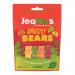 Ten identical 125g share bags sit clustered; each bag displays a bold Jealous Grizzly Bears logo and a cartoon grizzly with a mischievous, peeking expression. Transparent windows reveal glossy multicolored gummy bears in reds, greens, yellows and oranges against playful packaging. Under soft lights.