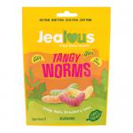 Image shows ten brightly coloured share bags of Jealous Tangy Worms, each labelled 125g. Clear windows reveal twisted, sugar-coated gummy worms in neon green, yellow, orange, red and purple. Bold brand logo and tangy-worms text appear on vibrant packaging.
