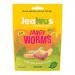 Image shows ten brightly coloured share bags of Jealous Tangy Worms, each labelled 125g. Clear windows reveal twisted, sugar-coated gummy worms in neon green, yellow, orange, red and purple. Bold brand logo and tangy-worms text appear on vibrant packaging.