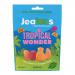 A row of ten glossy share bags shows vibrant tropical artwork: sliced pineapple, mango and passionfruit splashes against a teal and sunset gradient. Bold handwritten logo sits centrally while clear windows reveal colorful fruit-shaped sweets inside each 125g pouch. Metallic highlights catch the light.