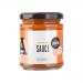 Six 190g glass jars of J & A Food Buffalo Sauce sit in a neat row, showing glossy orange-red sauce through clear glass. Each jar has a white lid and a bright label featuring a bold logo, a stylized buffalo illustration, ingredient text and small chutney & condiments wording. Soft studio highlights .