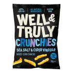 A compact display of ten 30g Well&Truly Crunchy Salt & Vinegar packets, neatly arranged in two rows. Each packet shows the Well&Truly logo, the product name and an image of crisp chips with salt crystals and a vinegar splash on a contrasting background.