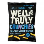 A bright turquoise-and-white 100g Well&Truly Crunchy Salt & Vinegar bag sits on a plain background. A bold navy logo and product name occupy the top, while an image of crinkled crisps, visible salt flakes and a vinegar splash fills the lower half.