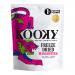 A bright pouch of Kooky Freeze Dried Mangosteen sits beside a neat row of twelve slim 12g packets. Purple-and-white packaging bears mangosteen illustrations; inside, crisp pale-white and deep-purple fruit slices reveal airy, textured surfaces and irregular, crunchy shapes. Dust flecks scatter across tray
