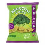 A stack of green snack packets displays the Growers Garden logo and bright photography of broccoli crisps scattered beside a dollop of sour cream garnished with chives. Nutritional icons and a 24g label appear on glossy, crinkled wrappers in a neat retail-ready arrangement. Studio lights add a sheen.