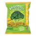 A cluster of slim green bags shows the Growers Garden logo and bold text reading 'Broccoli Crisps with Cheese.' Each bag displays vibrant broccoli florets and melting cheese illustrations against a bright green background, with nutrition icons and a clear weight marker on the front. Small pack array.
