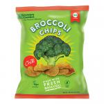 A green matte packet shows the Growers Garden logo at the top. A vivid photo of broccoli crisps and a red chilli occupies the center. '84g' weight and small icons sit near the base. Bright green and red colors dominate the clean, modern packaging.