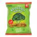 A green matte packet shows the Growers Garden logo at the top. A vivid photo of broccoli crisps and a red chilli occupies the center. '84g' weight and small icons sit near the base. Bright green and red colors dominate the clean, modern packaging.
