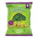 A bright green bag of Growers Garden Broccoli Crisps with Sour Cream & Chive sits upright on a white background. The packaging features broccoli and chive illustrations, a clear product name in bold, small crisps pictured near the bottom and nutritional icons along the side. Subtle sheen on the bag.