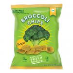 A vibrant 84g Growers Garden bag features a bright green and yellow design with the brand logo, images of broccoli florets and cheese chunks, a clear window revealing round broccoli crisps, nutrition icons and bold product name across the front featuring small leaf motifs and a grainy backdrop tone.
