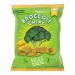A vibrant 84g Growers Garden bag features a bright green and yellow design with the brand logo, images of broccoli florets and cheese chunks, a clear window revealing round broccoli crisps, nutrition icons and bold product name across the front featuring small leaf motifs and a grainy backdrop tone.