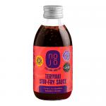 Six 200ml NOJO Teriyaki Sauce bottles stand upright in a neat row, their dark amber liquid visible through clear glass. Each bottle bears a glossy label with the NOJO logo, stylized fonts, and Japanese-inspired graphics; black screw caps and consistent spacing create an orderly, symmetrical display.
